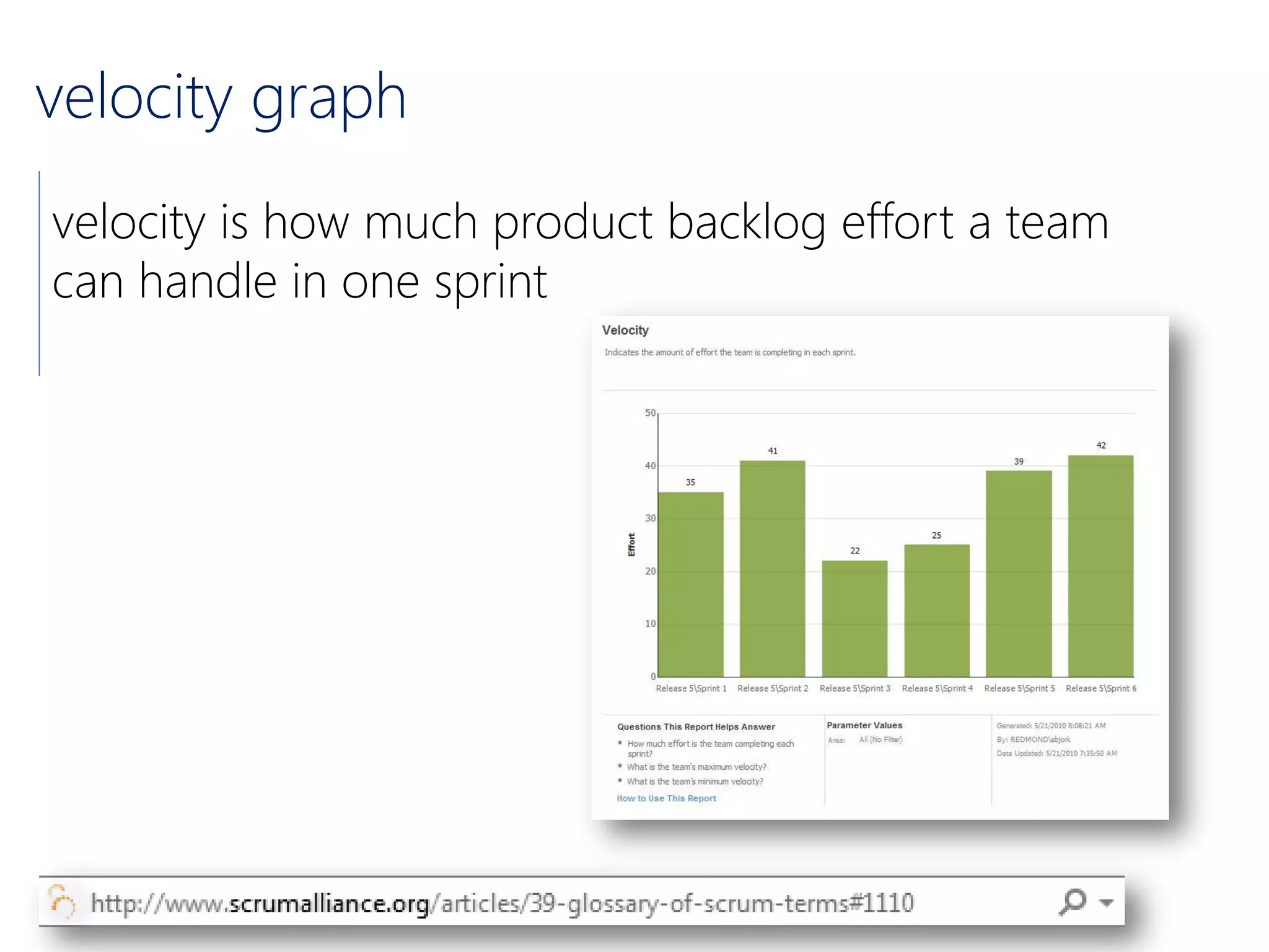 velocity graph
velocity is how much product backlog effort a team
can handle in one sprint
 