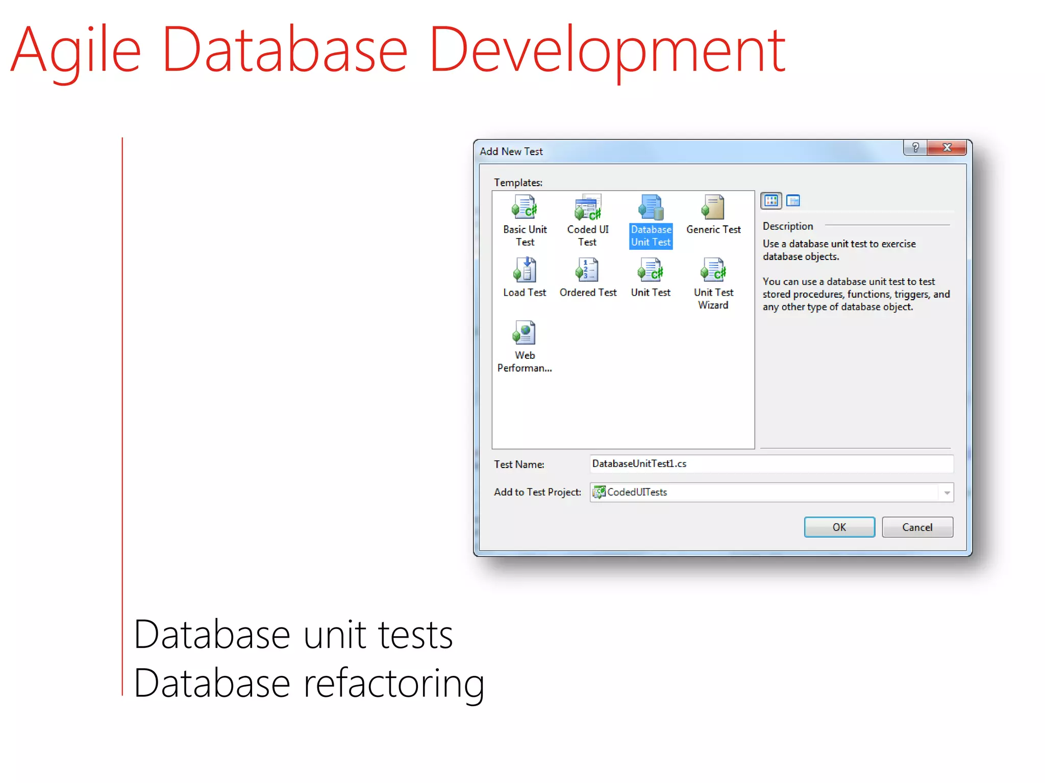 Agile Database Development




    Database unit tests
    Database refactoring
 