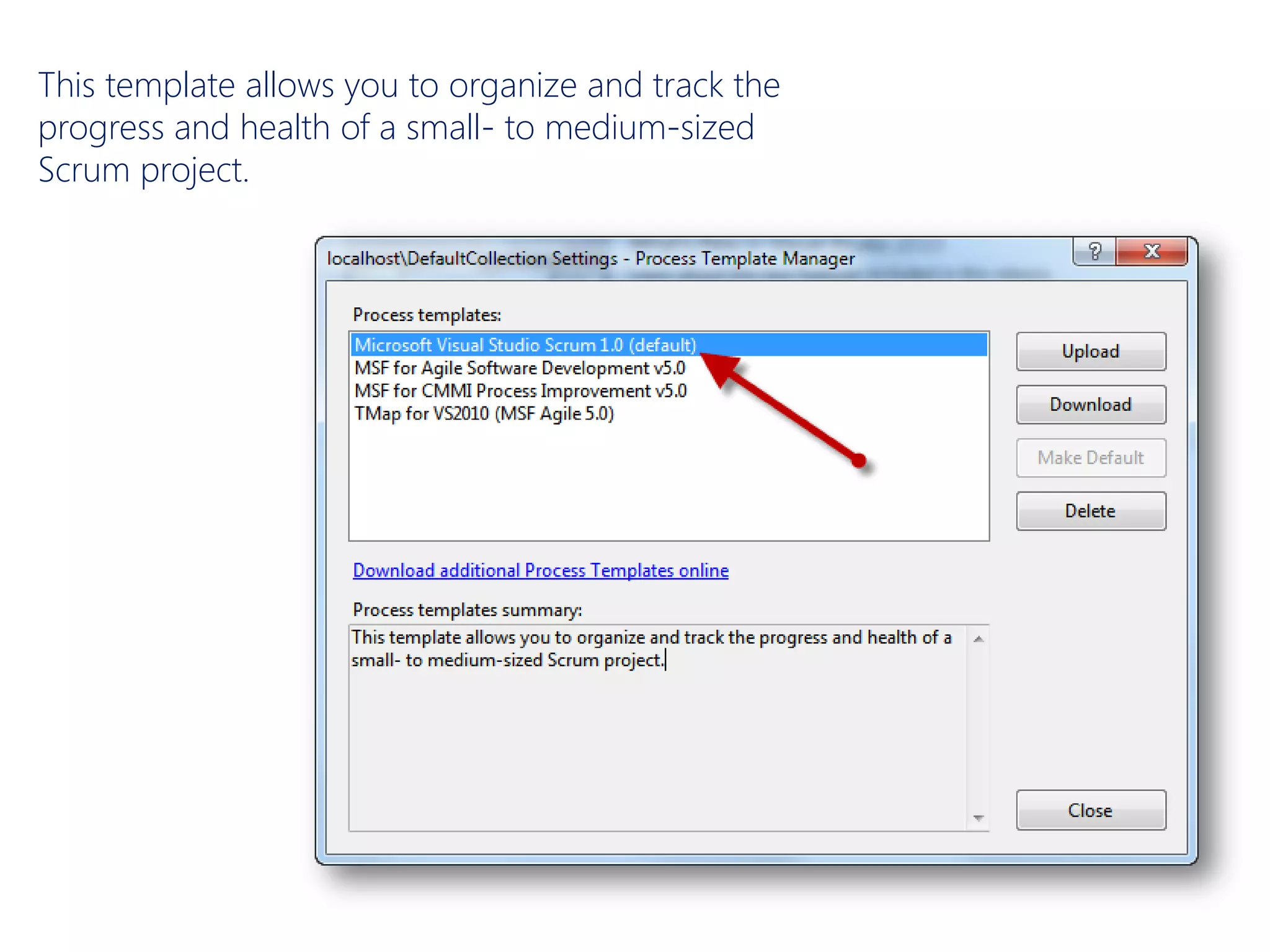 This template allows you to organize and track the
progress and health of a small- to medium-sized
Scrum project.
 
