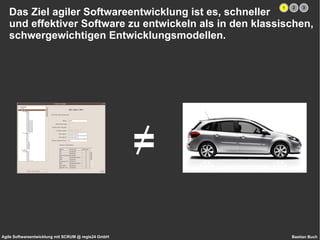 Das Ziel agiler Softwareentwicklung ist es, schneller und effektiver Software zu entwickeln als in den klassischen, schwergewichtigen Entwicklungsmodellen. = 1 2 3 