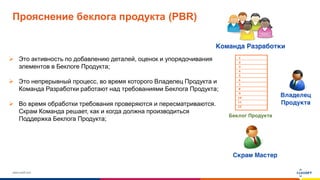 www.luxoft.com
Прояснение беклога продукта (PBR)
 Это активность по добавлению деталей, оценок и упорядочивания
элементов в Беклоге Продукта;
 Это непрерывный процесс, во время которого Владелец Продукта и
Команда Разработки работают над требованиями Беклога Продукта;
 Во время обработки требования проверяются и пересматриваются.
Скрам Команда решает, как и когда должна производиться
Поддержка Беклога Продукта;
 