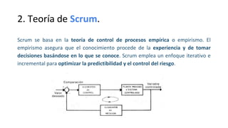 2. Teoría de Scrum.
Scrum se basa en la teoría de control de procesos empírica o empirismo. El
empirismo asegura que el conocimiento procede de la experiencia y de tomar
decisiones basándose en lo que se conoce. Scrum emplea un enfoque iterativo e
incremental para optimizar la predictibilidad y el control del riesgo.
 