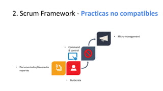 2. Scrum Framework - Practicas no compatibles
• Documentador/Generador
reportes
• Burócrata
• Command
& control
• Micro-management
 