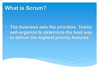 What is Scrum?


• The business sets the priorities. Teams
  self-organize to determine the best way
  to deliver the highest priority features.
 