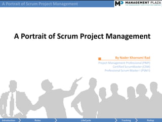 A Portrait of Scrum Project Management




           A Portrait of Scrum Project Management

                                                                  By Nader Khorrami Rad
                                                     Project Management Professional (PMP)
                                                                Certified ScrumMaster (CSM)
                                                          Professional Scrum Master I (PSM I)




Introduction    Roles                    LifeCycle                    Tracking            Rollup
 