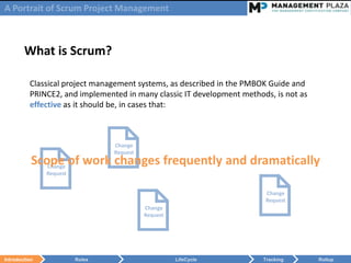 A Portrait of Scrum Project Management



        What is Scrum?

          Classical project management systems, as described in the PMBOK Guide and
          PRINCE2, and implemented in many classic IT development methods, is not as
          effective as it should be, in cases that:




                               Change
                                 Request
           Scope of work changes frequently and dramatically
              Change




                                                                      
               Request




                  
                                                                        Change
                                                                        Request
                                           Change
                                           Request




Introduction             Roles                       LifeCycle          Tracking       Rollup
 