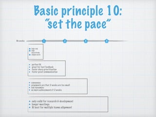 Basic principle 10:
“set the pace”
high risk
high
incertitude
simple work
1 2 3 4Nb weeks
perfect ﬁt
great for fast feedback
foster sharp prioritisation
foster great communication
consensus
arguments are that 2 weeks are too small
low dynamics
no more achievements if 2 weeks
only valid for research & development
longer meetings
ﬁt best for multiple teams alignment
 