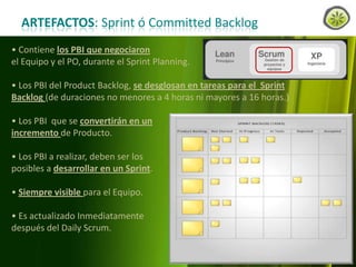 ARTEFACTOS: Sprint ó Committed Backlog
• Contiene los PBI que negociaron
el Equipo y el PO, durante el Sprint Planning.
• Los PBI del Product Backlog, se desglosan en tareas para el Sprint
Backlog (de duraciones no menores a 4 horas ni mayores a 16 horas.)

• Los PBI que se convertirán en un
incremento de Producto.
• Los PBI a realizar, deben ser los
posibles a desarrollar en un Sprint.
• Siempre visible para el Equipo.
• Es actualizado Inmediatamente
después del Daily Scrum.
www.lemondata.com.ar

 