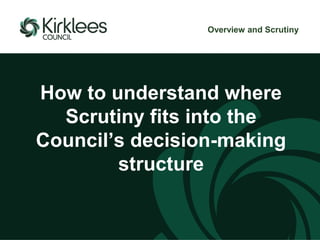 How to understand where
Scrutiny fits into the
Council’s decision-making
structure
Overview and Scrutiny
 
