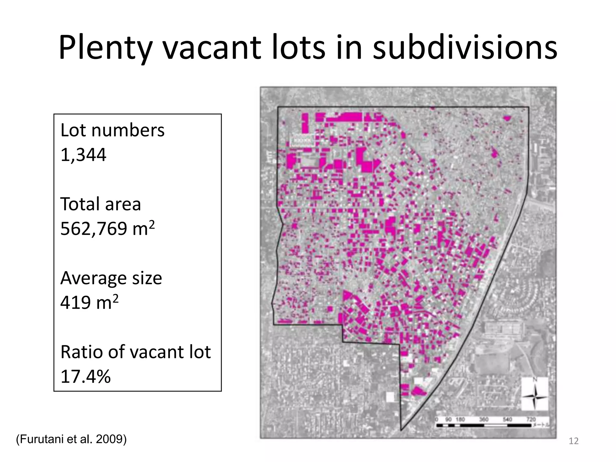 Plenty vacant lots in subdivisions
12
Lot numbers
1,344
Total area
562,769 m2
Average size
419 m2
Ratio of vacant lot
17.4%
(Furutani et al. 2009)
 