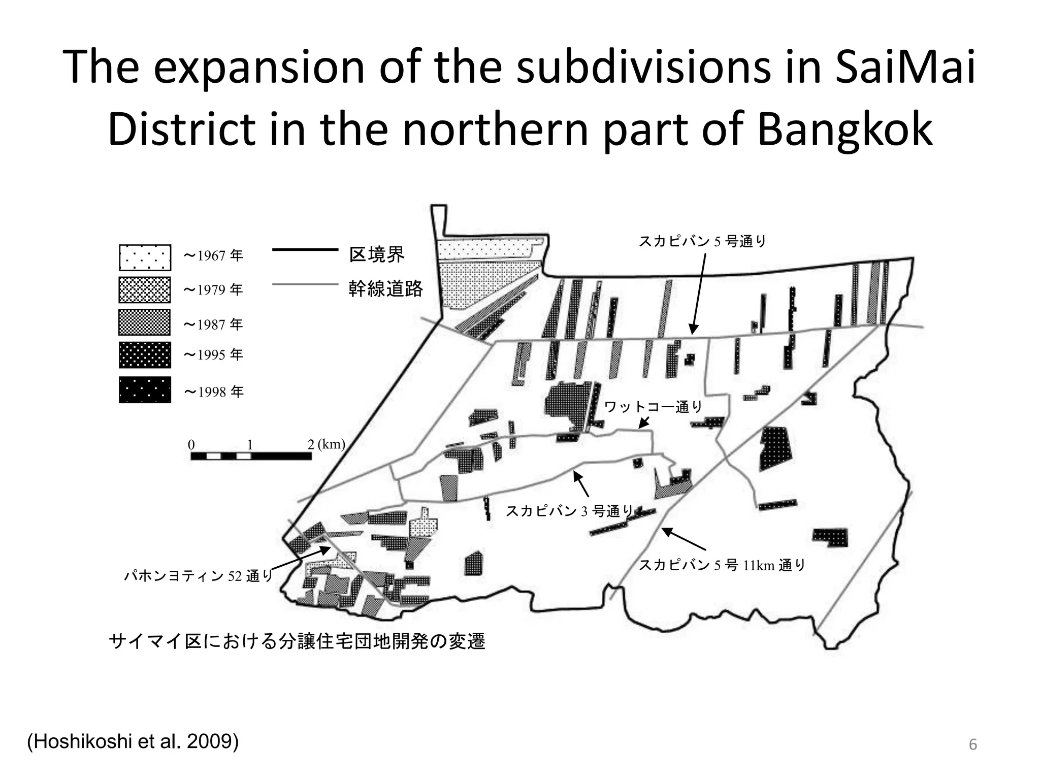 The expansion of the subdivisions in SaiMai
District in the northern part of Bangkok
6
～1967 年
～1979 年
～1987 年
～1995 年
～1998 年
° スカピバン 5 号通り
スカピバン 3 号通り
スカピバン 5 号 11km 通り
ワットコー通り
パホンヨティン 52 通り
0 1 2 (km)
サイマイ区における分譲住宅団地開発の変遷
区境界
幹線道路
(Hoshikoshi et al. 2009)
 