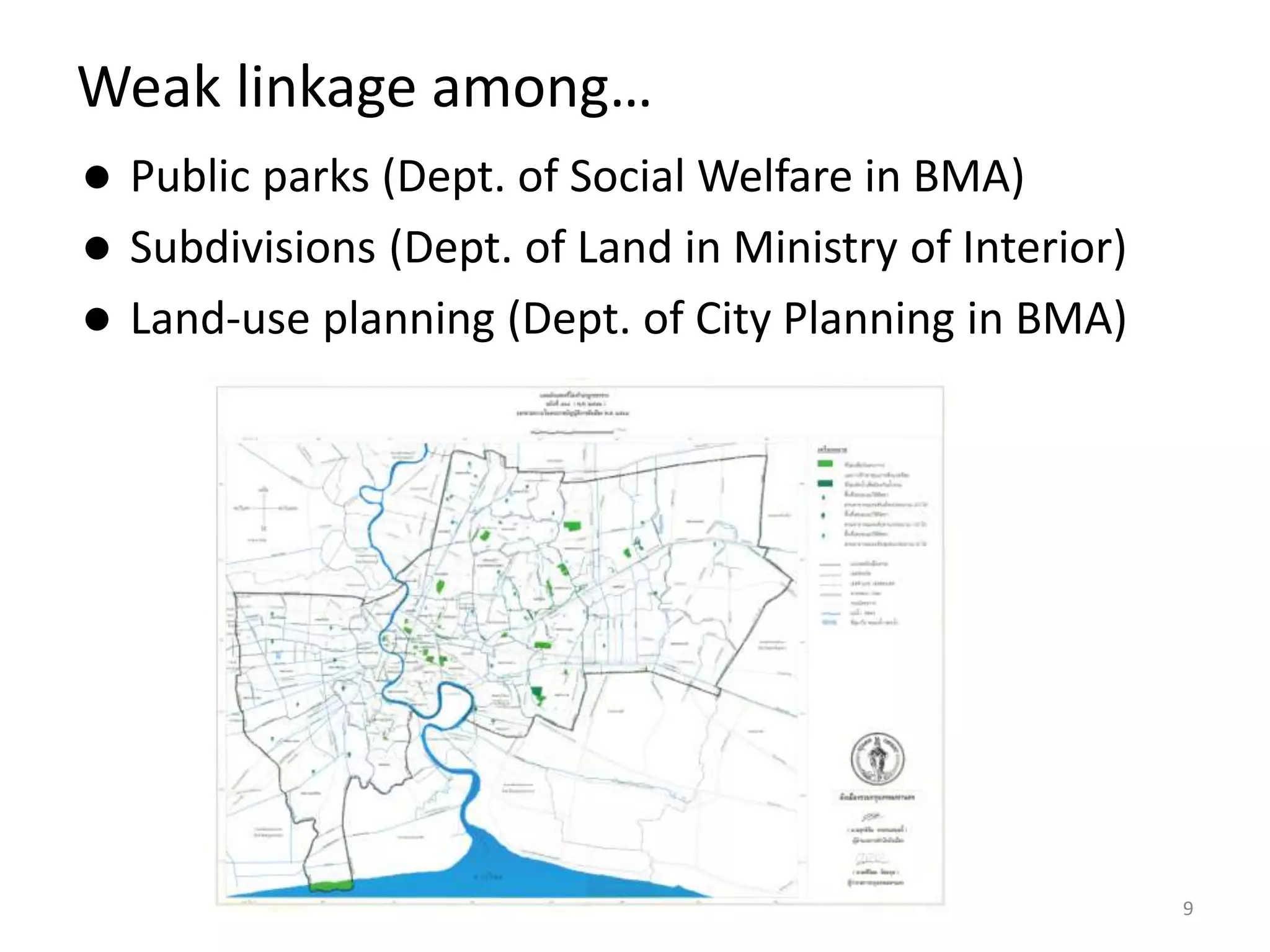 Weak linkage among…
9
 Public parks (Dept. of Social Welfare in BMA)
 Subdivisions (Dept. of Land in Ministry of Interior)
 Land-use planning (Dept. of City Planning in BMA)
 