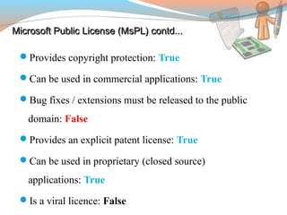 Microsoft Public License (MsPL) contd...Microsoft Public License (MsPL) contd...
Provides copyright protection: True
Can be used in commercial applications: True
Bug fixes / extensions must be released to the public
domain: False
Provides an explicit patent license: True
Can be used in proprietary (closed source)
applications: True
Is a viral licence: False
 