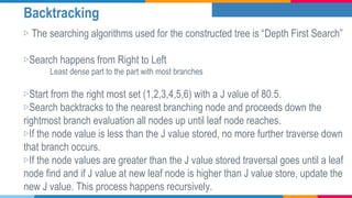 Backtracking
▷ The searching algorithms used for the constructed tree is “Depth First Search”
▷Search happens from Right to Left
Least dense part to the part with most branches
▷Start from the right most set (1,2,3,4,5,6) with a J value of 80.5.
▷Search backtracks to the nearest branching node and proceeds down the
rightmost branch evaluation all nodes up until leaf node reaches.
▷If the node value is less than the J value stored, no more further traverse down
that branch occurs.
▷If the node values are greater than the J value stored traversal goes until a leaf
node find and if J value at new leaf node is higher than J value store, update the
new J value. This process happens recursively.
 
