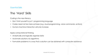 Copyright 2018 Vincent Lau
Essential Skills
The ‘Hard’ Skills
Coding is the new literacy
• Don’t limit yourself to just 1 programming language
• Codes need not be mere syntaxes (e.g. visual programming, voice commands, actions)
• Human-machine interaction will only increase
Apply computational thinking
• Analytically and logically organize data
• Automate solutions via algorithms
• Formulate problems in a way that a solution can be obtained with computer assistance
15
 