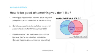 Copyright 2018 Vincent Lau
Aptitude & Attitude
How to be good at something you don’t like?
1. Pursuing your passion as a career is a sure way to kill
your passion (Bad Career Advice, Forbes, 09/2010)
2. Get other people to do the stuffs that you are not
passionate about (Tan Min Liang, Razer CEO)
3. People who don’t like their career are unhappy
because they’re not using their best abilities
(Bernard Haldane, pioneer in career counselling)
20
 