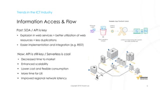 Copyright 2018 Vincent Lau
Trends in the ICT Industry
Information Access & Flow
Past: SOA / API is key
• Explosion in web services = better utilization of web
resources + less duplications
• Easier implementation and integration (e.g. REST)
Now: API is still key / Serverless is cool
• Decreased time to market
• Enhanced scalability
• Lower cost and flexible consumption
• More time for UX
• Improved regional network latency
6
 