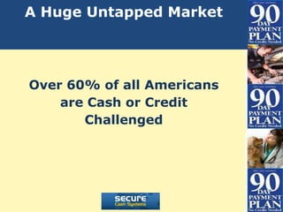 A Huge Untapped Market




Over 60% of all Americans
    are Cash or Credit
       Challenged
 