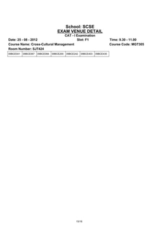 School: SCSE
                                    EXAM VENUE DETAIL
                                 CAT - I Examination
Date: 25 - 08 - 2012                     Slot: F1                            Time: 9.30 - 11.00
Course Name: Cross-Cultural Management                                       Course Code: MGT305
Room Number: SJT424
09BCE041   09BCE067   09BCE084   09BCE200   09BCE242   09BCE403   09BCE430




                                                  15/18
 
