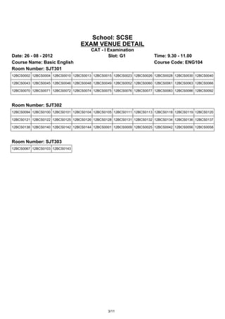 School: SCSE
                                 EXAM VENUE DETAIL
                                      CAT - I Examination
Date: 26 - 08 - 2012                          Slot: G1               Time: 9.30 - 11.00
Course Name: Basic English                                           Course Code: ENG104
Room Number: SJT301
12BCS0002 12BCS0004 12BCS0010 12BCS0013 12BCS0015 12BCS0023 12BCS0026 12BCS0028 12BCS0030 12BCS0040

12BCS0043 12BCS0045 12BCS0046 12BCS0048 12BCS0049 12BCS0052 12BCS0060 12BCS0061 12BCS0063 12BCS0066

12BCS0070 12BCS0071 12BCS0072 12BCS0074 12BCS0075 12BCS0076 12BCS0077 12BCS0083 12BCS0086 12BCS0092



Room Number: SJT302
12BCS0094 12BCS0100 12BCS0101 12BCS0104 12BCS0105 12BCS0111 12BCS0113 12BCS0118 12BCS0119 12BCS0120

12BCS0121 12BCS0122 12BCS0125 12BCS0126 12BCS0128 12BCS0131 12BCS0132 12BCS0134 12BCS0136 12BCS0137

12BCS0138 12BCS0140 12BCS0142 12BCS0144 12BCS0001 12BCS0009 12BCS0025 12BCS0042 12BCS0056 12BCS0058



Room Number: SJT303
12BCS0067 12BCS0103 12BCS0143




                                               3/11
 