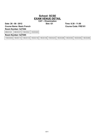 School: SCSE
                                  EXAM VENUE DETAIL
                                       CAT - I Examination
Date: 26 - 08 - 2012                           Slot: G1              Time: 9.30 - 11.00
Course Name: Basic French                                            Course Code: FRE101
Room Number: SJT304
09BCE325   10BCE0373 11BCE0021 11BCE0029

Room Number: SJT305
11BCE0039 11BCE0118 11BCE0135 11BCE0158 11BCE0168 11BCE0235 11BCE0386 11BCE0394 11BCE0406 11BCE0469




                                               6/11
 