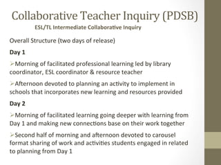Collaborative	
  Teacher	
  Inquiry	
  (PDSB)	
  
                   ESL/TL	
  Intermediate	
  CollaboraEve	
  Inquiry	
  

Overall	
  Structure	
  (two	
  days	
  of	
  release)	
  
Day	
  1	
  	
  
 Morning	
  of	
  facilitated	
  professional	
  learning	
  led	
  by	
  library	
  
coordinator,	
  ESL	
  coordinator	
  &	
  resource	
  teacher	
  
 A_ernoon	
  devoted	
  to	
  planning	
  an	
  ac[vity	
  to	
  implement	
  in	
  
schools	
  that	
  incorporates	
  new	
  learning	
  and	
  resources	
  provided	
  
Day	
  2	
  
 Morning	
  of	
  facilitated	
  learning	
  going	
  deeper	
  with	
  learning	
  from	
  
Day	
  1	
  and	
  making	
  new	
  connec[ons	
  base	
  on	
  their	
  work	
  together	
  
 Second	
  half	
  of	
  morning	
  and	
  a_ernoon	
  devoted	
  to	
  carousel	
  
format	
  sharing	
  of	
  work	
  and	
  ac[vi[es	
  students	
  engaged	
  in	
  related	
  
to	
  planning	
  from	
  Day	
  1	
  
 