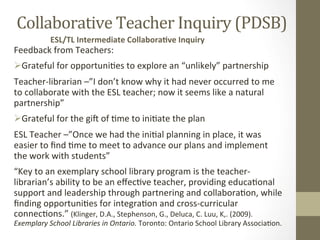 Collaborative	
  Teacher	
  Inquiry	
  (PDSB)	
  
               ESL/TL	
  Intermediate	
  CollaboraEve	
  Inquiry	
  
Feedback	
  from	
  Teachers:	
  
 Grateful	
  for	
  opportuni[es	
  to	
  explore	
  an	
  “unlikely”	
  partnership	
  
Teacher-­‐librarian	
  –”I	
  don’t	
  know	
  why	
  it	
  had	
  never	
  occurred	
  to	
  me	
  
to	
  collaborate	
  with	
  the	
  ESL	
  teacher;	
  now	
  it	
  seems	
  like	
  a	
  natural	
  
partnership”	
  
 Grateful	
  for	
  the	
  gi_	
  of	
  [me	
  to	
  ini[ate	
  the	
  plan	
  
ESL	
  Teacher	
  –”Once	
  we	
  had	
  the	
  ini[al	
  planning	
  in	
  place,	
  it	
  was	
  
easier	
  to	
  ﬁnd	
  [me	
  to	
  meet	
  to	
  advance	
  our	
  plans	
  and	
  implement	
  
the	
  work	
  with	
  students”	
  
“Key	
  to	
  an	
  exemplary	
  school	
  library	
  program	
  is	
  the	
  teacher-­‐
librarian’s	
  ability	
  to	
  be	
  an	
  eﬀec[ve	
  teacher,	
  providing	
  educa[onal	
  
support	
  and	
  leadership	
  through	
  partnering	
  and	
  collabora[on,	
  while	
  
ﬁnding	
  opportuni[es	
  for	
  integra[on	
  and	
  cross-­‐curricular	
  
connec[ons.”	
  (Klinger,	
  D.A.,	
  Stephenson,	
  G.,	
  Deluca,	
  C.	
  Luu,	
  K,.	
  (2009).	
  
Exemplary	
  School	
  Libraries	
  in	
  Ontario.	
  Toronto:	
  Ontario	
  School	
  Library	
  Associa[on.	
  
 