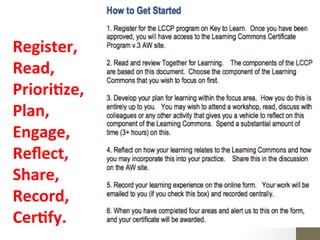 Register,	
  
Read,	
  
PrioriEze,	
  
Plan,	
  
Engage,	
  
Reﬂect,	
  
Share,	
  
Record,	
  
CerEfy.	
  
 