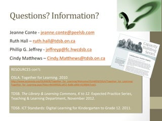 Questions?	
  Information?	
  
Jeanne	
  Conte	
  -­‐	
  jeanne.conte@peelsb.com	
  
Ruth	
  Hall	
  –	
  ruth.hall@tdsb.on.ca	
  
Phillip	
  G.	
  Jeﬀrey	
  -­‐	
  jeﬀreyp@fc.hwcdsb.ca	
  
Cindy	
  Ma=hews	
  –	
  Cindy.Ma=hews@tdsb.on.ca	
  

RESOURCES	
  con’t:	
  
	
  
OSLA.	
  Together	
  for	
  Learning.	
  2010.	
  
h=p://www.accessola.org/OLAWEB/Together_for_Learning/Welcome/OLAWEB/OSLA/Together_for_Learning/
Together_for_Learning.aspx?hkey=844d0926-­‐a451-­‐4a8b-­‐a004-­‐413f8047cee5.	
  
	
  
TDSB.	
  The	
  Library	
  &	
  Learning	
  Commons,	
  K	
  to	
  12.	
  Expected	
  Prac[ce	
  Series,	
  
Teaching	
  &	
  Learning	
  Department,	
  November	
  2012.	
  
	
  
TDSB.	
  ICT	
  Standards:	
  Digital	
  Learning	
  for	
  Kindergarten	
  to	
  Grade	
  12.	
  2011.	
  
	
  
	
  
 