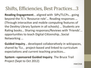 Shifts,	
  EfRiciencies,	
  Best	
  Practices…3	
  
	
  
Reading	
  Engagement…	
  aligned	
  with	
  	
  SIPs/TLCPs…	
  going	
  
beyond	
  the	
  TL’s	
  ‘Resource	
  role’…	
  Reading	
  responses	
  …	
  
(Through	
  interac[ve	
  and	
  mobile	
  compu[ng	
  features	
  of	
  
the	
  Des[ny	
  Library	
  System	
  in	
  all	
  schools)	
  …	
  Students	
  are	
  
Ra[ng	
  books…	
  Sharing	
  responses/Reviews	
  with	
  ‘Friends’…	
  
opportuni[es	
  to	
  teach	
  Digital	
  Ci[zenship…Social	
  
Networking	
  …	
  	
  
Guided	
  Inquiry…	
  developed	
  collabora[vely	
  in	
  wikispaces,	
  
shared	
  by	
  TLs	
  ,	
  	
  project-­‐based	
  and	
  linked	
  to	
  curriculum	
  
expecta[ons	
  and	
  current	
  teaching	
  prac[ces…	
  
System	
  –sponsored	
  Guided	
  Inquiry.	
  The	
  Bruce	
  Trail	
  
Project	
  (Sept	
  to	
  Oct	
  2012)	
  
                                                                              HWCDSB	
  
 