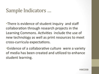 Sample	
  Indicators	
  …	
  

• There	
  is	
  evidence	
  of	
  student	
  inquiry	
  	
  and	
  staﬀ	
  
collabora[on	
  through	
  research	
  projects	
  in	
  the	
  
Learning	
  Commons.	
  Ac[vi[es	
  	
  include	
  the	
  use	
  of	
  
new	
  technology	
  as	
  well	
  as	
  print	
  resources	
  to	
  meet	
  
cross-­‐curricula	
  expecta[ons.	
  
• Evidence	
  of	
  a	
  collabora[ve	
  culture	
  	
  were	
  a	
  variety	
  
of	
  media	
  has	
  been	
  created	
  and	
  u[lized	
  to	
  enhance	
  
student	
  learning.	
  
	
  

                                                                         HWCDSB	
  
 