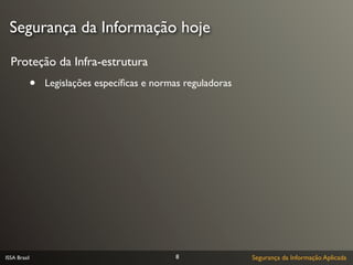 Segurança da Informação hoje

  Proteção da Infra-estrutura
              •   Legislações especíﬁcas e normas reguladoras




ISSA Brasil                                     8               Segurança da Informação Aplicada
 