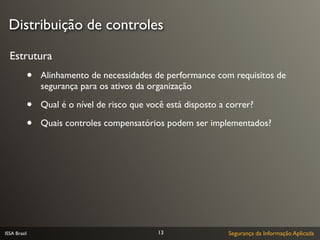 Distribuição de controles

  Estrutura
              •   Alinhamento de necessidades de performance com requisitos de
                  segurança para os ativos da organização

              •   Qual é o nível de risco que você está disposto a correr?

              •   Quais controles compensatórios podem ser implementados?




ISSA Brasil                                     13                 Segurança da Informação Aplicada
 