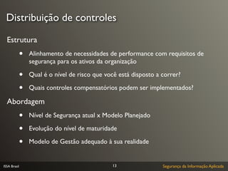 Distribuição de controles

  Estrutura
              •   Alinhamento de necessidades de performance com requisitos de
                  segurança para os ativos da organização

              •   Qual é o nível de risco que você está disposto a correr?

              •   Quais controles compensatórios podem ser implementados?

  Abordagem
              •   Nível de Segurança atual x Modelo Planejado

              •   Evolução do nível de maturidade

              •   Modelo de Gestão adequado à sua realidade


ISSA Brasil                                     13                 Segurança da Informação Aplicada
 