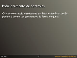 Posicionamento de controles

  Os controles estão distribuídos em áreas especíﬁcas, porém
  podem e devem ser gerenciados de forma conjunta




ISSA Brasil                      17             Segurança da Informação Aplicada
 