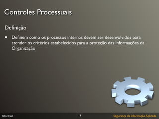 Controles Processuais

  Deﬁnição
  •      Deﬁnem como os processos internos devem ser desenvolvidos para
         atender os critérios estabelecidos para a proteção das informações da
         Organização




ISSA Brasil                                19                Segurança da Informação Aplicada
 