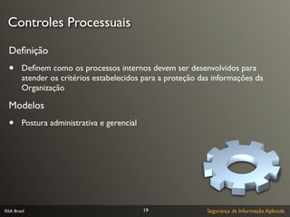 Controles Processuais

  Deﬁnição
  •      Deﬁnem como os processos internos devem ser desenvolvidos para
         atender os critérios estabelecidos para a proteção das informações da
         Organização

  Modelos
  •      Postura administrativa e gerencial




ISSA Brasil                                   19             Segurança da Informação Aplicada
 