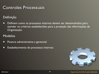 Controles Processuais

  Deﬁnição
  •      Deﬁnem como os processos internos devem ser desenvolvidos para
         atender os critérios estabelecidos para a proteção das informações da
         Organização

  Modelos
  •      Postura administrativa e gerencial

  •      Estabelecimento de processos internos




ISSA Brasil                                   19             Segurança da Informação Aplicada
 