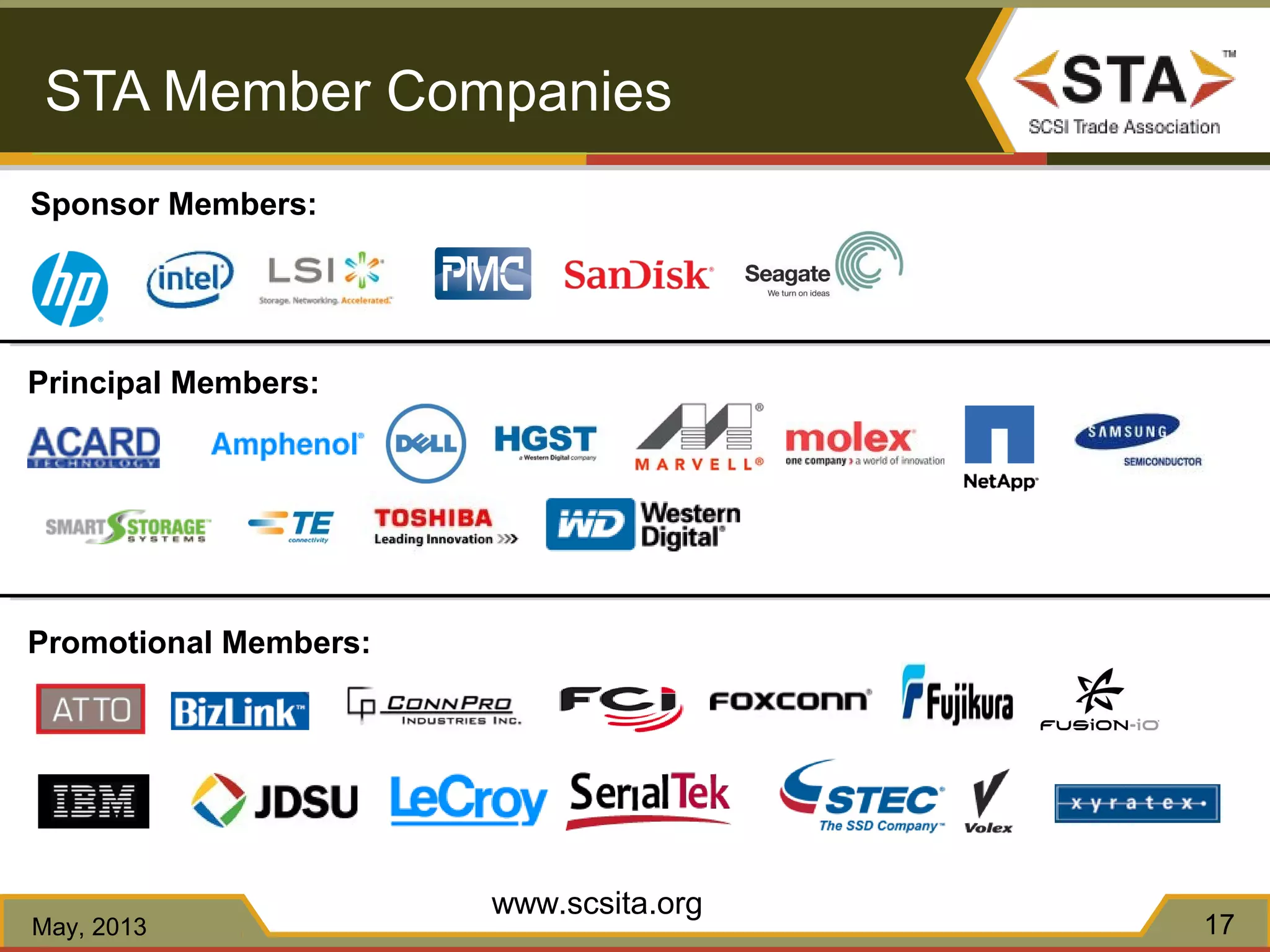 www.scsita.org
17
STA Member Companies
May, 2013
Sponsor Members:
Principal Members:
Promotional Members:
 