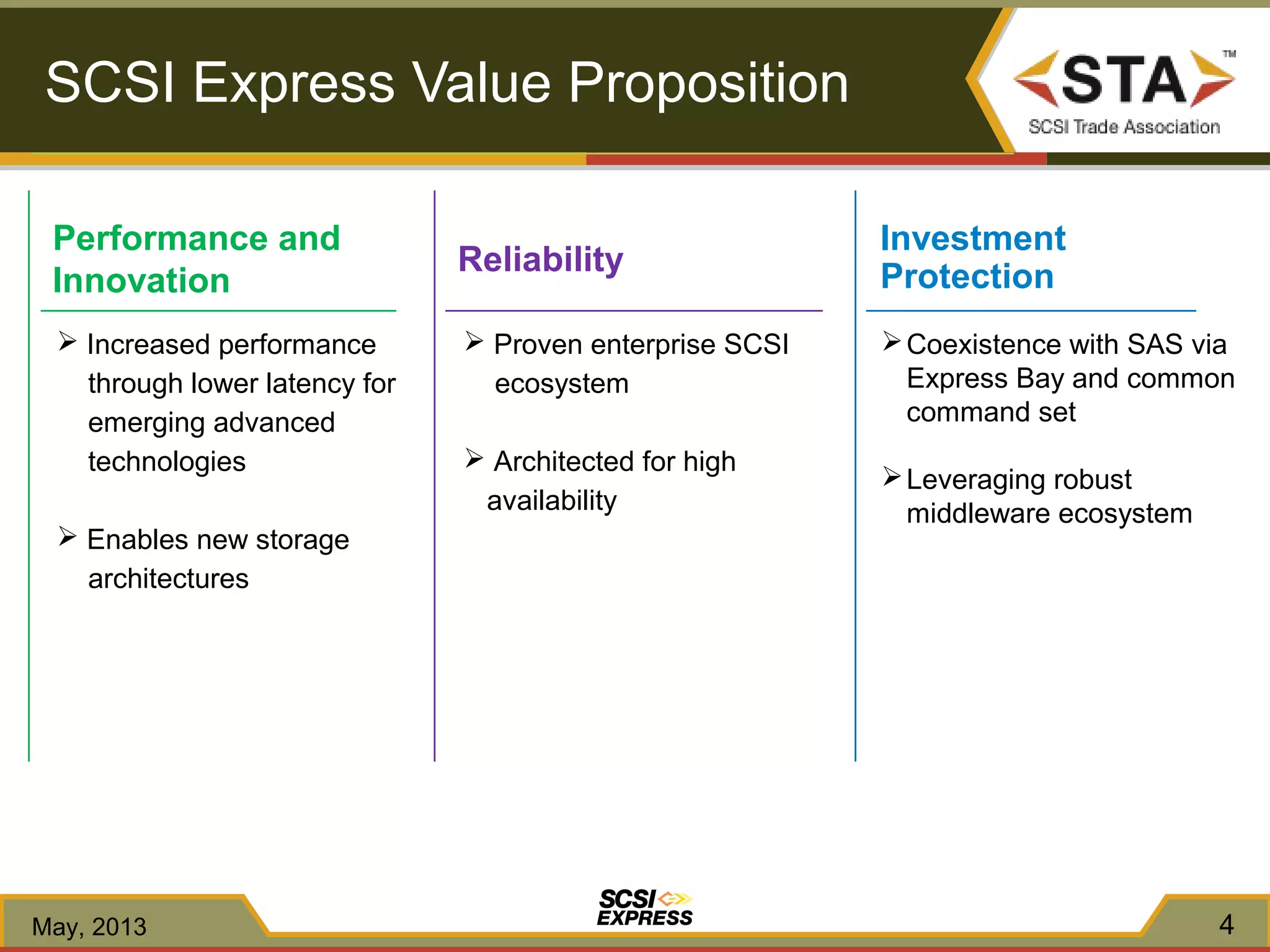 Reliability
 Proven enterprise SCSI
ecosystem
 Architected for high
availability
Performance and
Innovation
 Increased performance
through lower latency for
emerging advanced
technologies
 Enables new storage
architectures
Investment
Protection
Coexistence with SAS via
Express Bay and common
command set
Leveraging robust
middleware ecosystem
4
SCSI Express Value Proposition
May, 2013
 