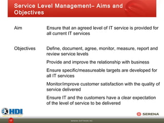 Service Level Management– Aims and
     Objectives

     Aim          Ensure that an agreed level of IT service is provided for
                  all current IT services


     Objectives   Define, document, agree, monitor, measure, report and
                  review service levels
                  Provide and improve the relationship with business
                  Ensure specific/measureable targets are developed for
                  all IT services
                  Monitor/improve customer satisfaction with the quality of
                  service delivered
                  Ensure IT and the customers have a clear expectation
                  of the level of service to be delivered


17                            SERENA SOFTWARE INC.
 