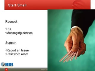 Start Small




Request

•PC
•Messaging service


Support

•Report an Issue
•Password reset



28                   SERENA SOFTWARE INC.
 