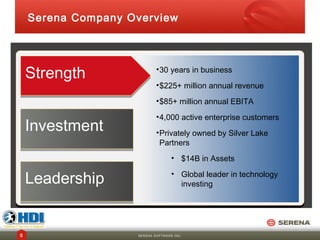 Serena Company Overview




    Strength                • 30 years in business
                            • $225+ million annual revenue
                            • $85+ million annual EBITA
                            • 4,000 active enterprise customers
    Investment              • Privately owned by Silver Lake
                              Partners
                                   • $14B in Assets

    Leadership                     • Global leader in technology
                                     investing




5                   SERENA SOFTWARE INC.
 