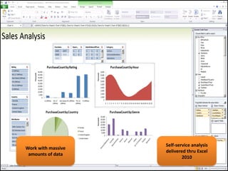 Self-service analysis
Work with massive
                    delivered thru Excel
 amounts of data
                            2010
 