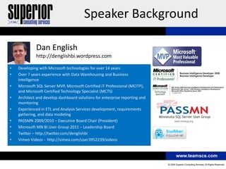 Speaker Background

             Dan English
             http://denglishbi.wordpress.com

•   Developing with Microsoft technologies for over 14 years
•   Over 7 years experience with Data Warehousing and Business
    Intelligence
•   Microsoft SQL Server MVP, Microsoft Certified IT Professional (MCITP),
    and Microsoft Certified Technology Specialist (MCTS)
•   Architect and develop dashboard solutions for enterprise reporting and
    monitoring
•   Experienced in ETL and Analysis Services development, requirements
    gathering, and data modeling
•   PASSMN 2009/2010 – Executive Board Chair (President)
•   Microsoft MN BI User Group 2011 – Leadership Board
•   Twitter – http://twitter.com/denglishbi
•   Vimeo Videos - http://vimeo.com/user3952239/videos
 