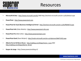Resources
•   Microsoft BI Sites - http://www.microsoft.com/bi/ AND http://technet.microsoft.com/en-us/bi/default.aspx

•   PowerPivot - http://www.powerpivot.com

•   PowerPivot for Excel (Business Intelligence) Portal - http://technet.microsoft.com/en-us/bi/ff604673.aspx

•   PowerPivot Info (Vidas Matelis) - http://www.powerpivot-info.com

•   PowerPivot Pro (Rob Collie) - http://www.powerpivotpro.com

•   PowerPivot Geek (Dave Wickert) - http://msdn.microsoft.com/en-us/sqlserver/bb671432.aspx

•   Alberto Ferrari & Marco Russo - http://sqlblog.com/blogs/marco_russo AND
    http://sqlblog.com/blogs/alberto_ferrari

•   Kasper de Jonge - http://www.powerpivotblog.nl/
 