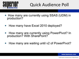 Quick Audience Poll

 How many are currently using SSAS (UDM) in
 production?

 How many have Excel 2010 deployed?

 How many are currently using PowerPivot? In
 production? With SharePoint?

 How many are waiting until v2 of PowerPivot?
 