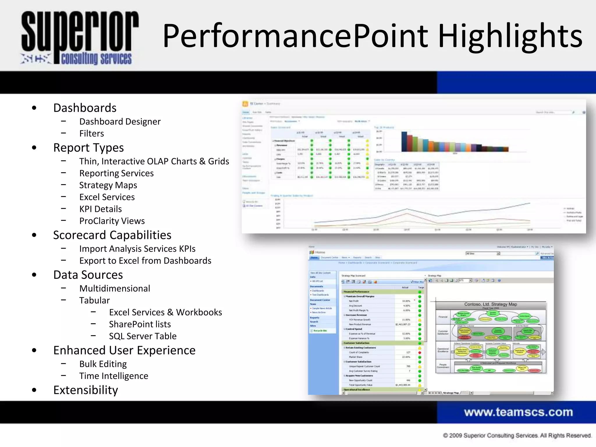 PerformancePoint Highlights
•   Dashboards
     −   Dashboard Designer
     −   Filters
•   Report Types
     −   Thin, Interactive OLAP Charts & Grids
     −   Reporting Services
     −   Strategy Maps
     −   Excel Services
     −   KPI Details
     −   ProClarity Views
•   Scorecard Capabilities
     −   Import Analysis Services KPIs
     −   Export to Excel from Dashboards
•   Data Sources
     −   Multidimensional
     −   Tabular
           − Excel Services & Workbooks
           − SharePoint lists
           − SQL Server Table
•   Enhanced User Experience
     −   Bulk Editing
     −   Time Intelligence
•   Extensibility
 