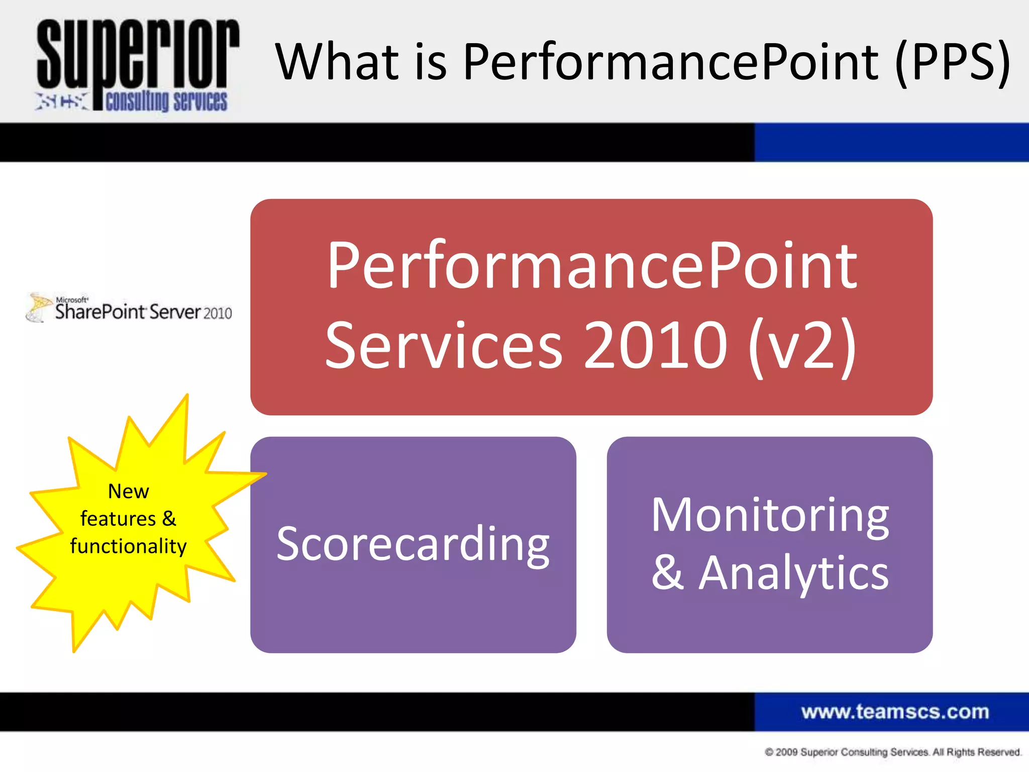 What is PerformancePoint (PPS)


                  PerformancePoint
                  Services 2010 (v2)
    New
 features &                    Monitoring
functionality   Scorecarding
                               & Analytics
 