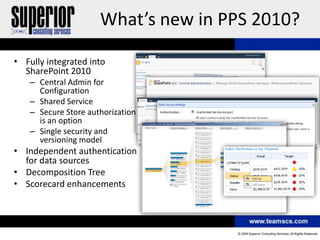 What’s new in PPS 2010?

• Fully integrated into
  SharePoint 2010
    – Central Admin for
      Configuration
    – Shared Service
    – Secure Store authorization
      is an option
    – Single security and
      versioning model
• Independent authentication
  for data sources
• Decomposition Tree
• Scorecard enhancements
 